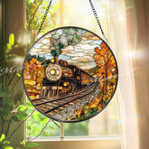 Autumn Train Stained Glass Suncatcher Vintage Locomotive Window Panel Rustic Railroad Fall Decor Round Cabin Gift for